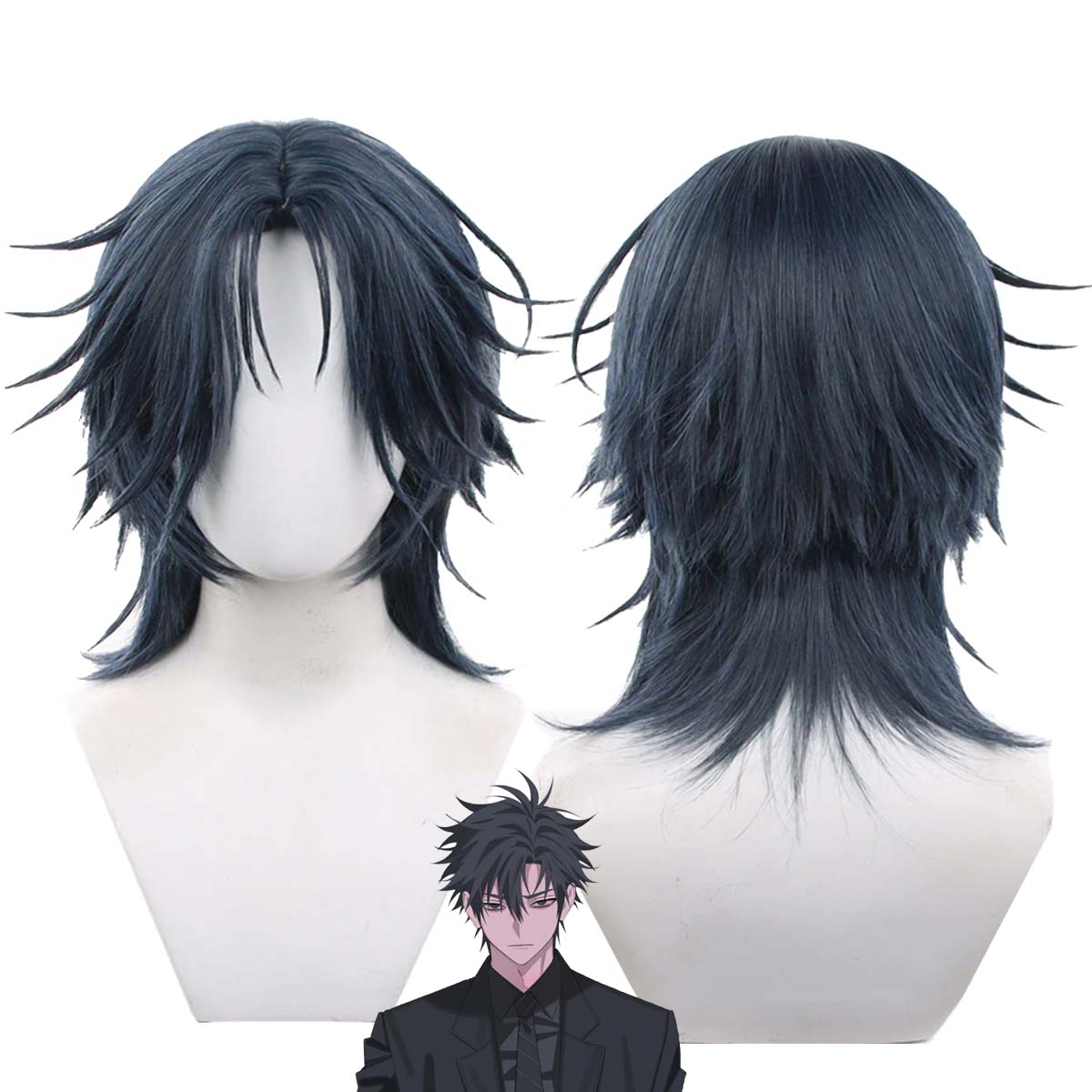 Anime Cosplay Blue Hair - メンズアニメリンククリック ジェイ・リー コスプレウィッグ ショートダークブルーウルフテールヘア 耐熱合成ウィッグ ハロウィンパーティー用