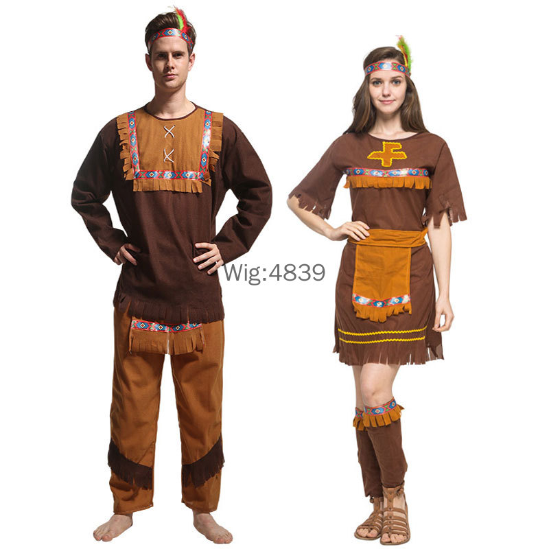 Anime Cosplay Couple - ハロウィンコスチューム大人のカップルインディアンネイティブ服女性男性原始人穴居人コスチュームタッセルカーニバルパーティーファンシードレス