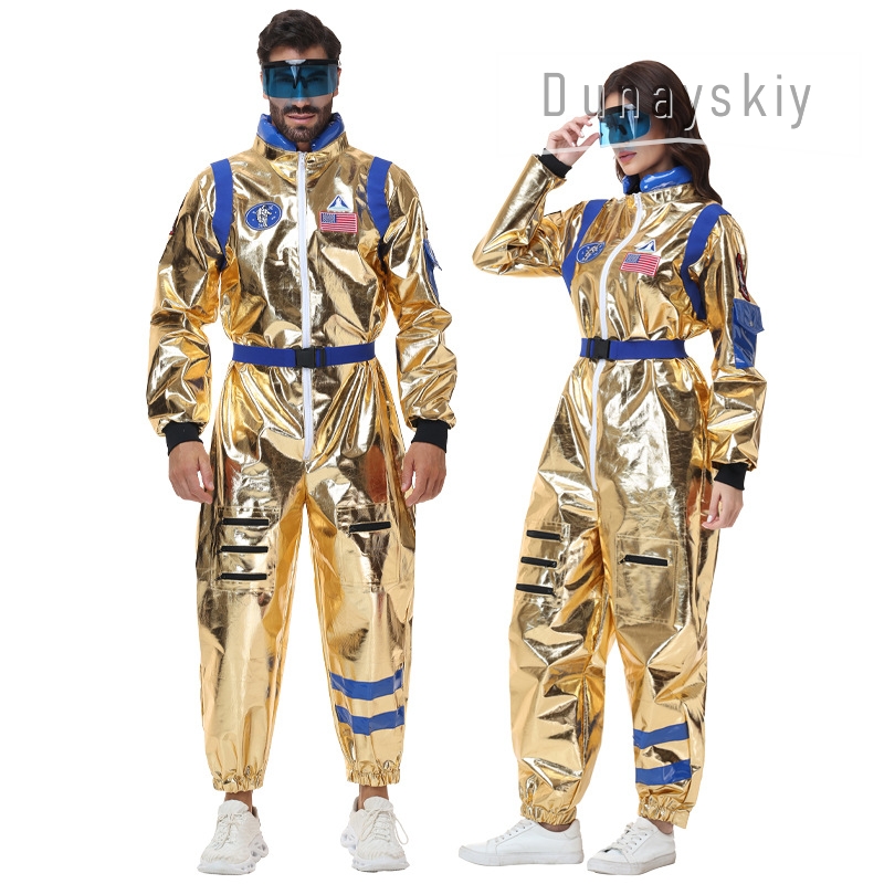 光沢のあるメタリックゴールド宇宙飛行士ジャンプスーツコスチュ - Anime Cosplay Couple のレビューと価格